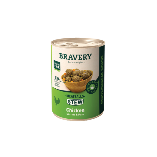 COMIDA HÚMEDA PARA PERROS CON POLLO Y ALBÓNDIGAS BRAVERY 415 GR