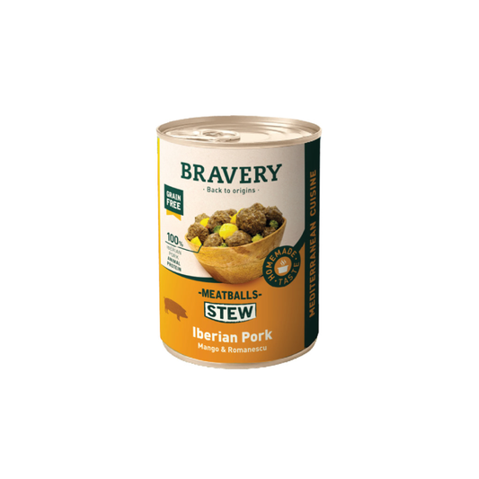 ALBÓNDIGAS BRAVERY GUISADO CERDO IBÉRICO COMIDA HÚMEDA PARA PERROS 415 GR