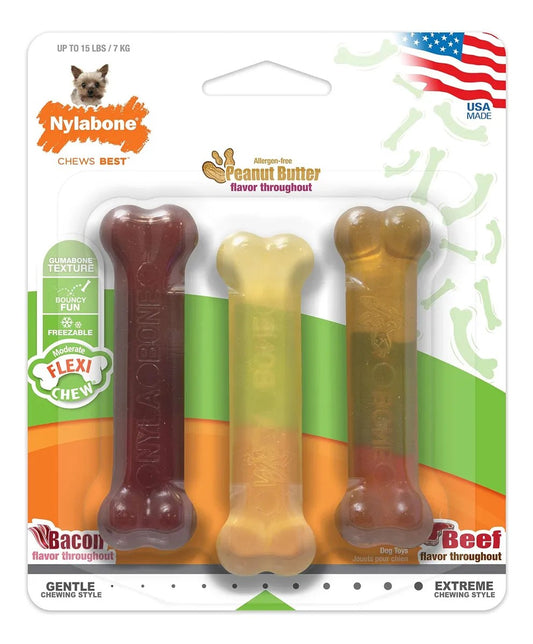 NYLABONE TRIPLE PACK FLEXI - PETITE: TOCINO, MANTEQUILLA DE MANÍ Y CARNE