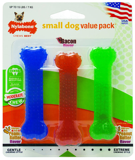 NYLABONE TRIPLE PACK FLEXI DENTAL. PETITE: (MANTEQUILLA DE MANI Y TOCINO)